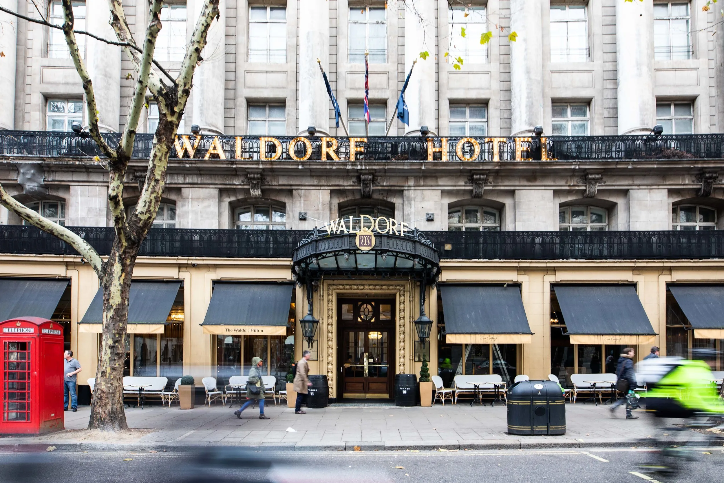 Waldorf Hilton Hotel exterior with red phone box, London corporate event photography